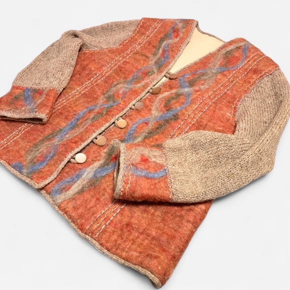Artisinal Tops - Women's Whimsical Rust Patterned Wool Blend Artisinal Cardigan Size S/M